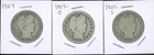 (3) Coins - 90% Silver Barber Half Dollars 1907, 1907-O, 1907-S