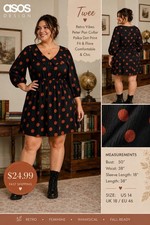 ASOS CURVE Dress Black Orange Dots SZ 14 Mini Dress Peter Pan Collar Fit&Flare