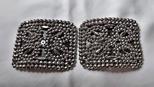Antique Vtg French Cut Steel Shoe Buckles Clips w/Leather backs Made in France