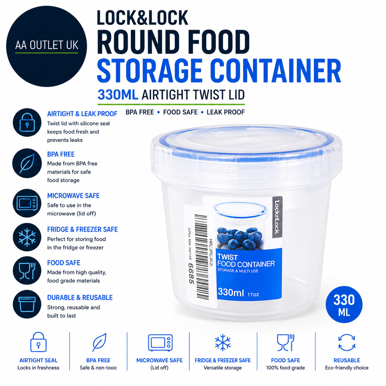 LocknLock Round Food Storage Container 330ml Airtight Twist Lid BPA Free Design
