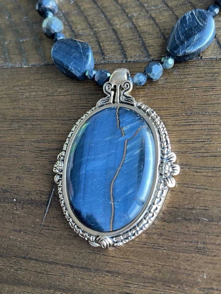 Barse Genuine Blue Tiger’s Eye Bronze Pendant Necklace 18” - Image 4 of 4