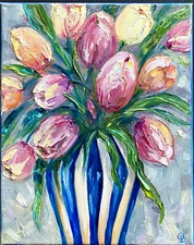 ORIGINAL OIL Painting TULIPS IN VASE impasto 10"x 8" by Olga Diduh.