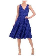 Eliza J Women's Blue Petite 3d Floral V-neck Sleeveless Midi Dress SIZE 8P NEW