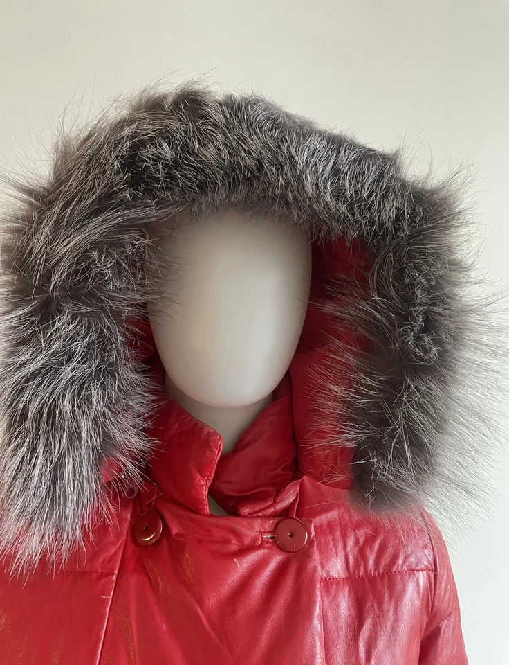 Red Leather Down Puffer Coat Fox Fur Trim S M 6 - Image 3 of 4