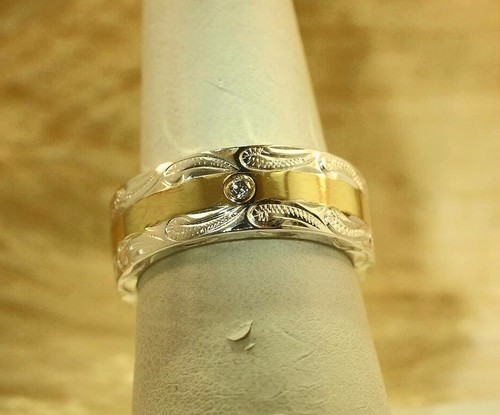 8MM EX HEAVY 2MM THICK 2TONE 925 SILVER ENGRAVED HAWAIIAN SCROLLS CZ RING 5-12 - Picture 4 of 9