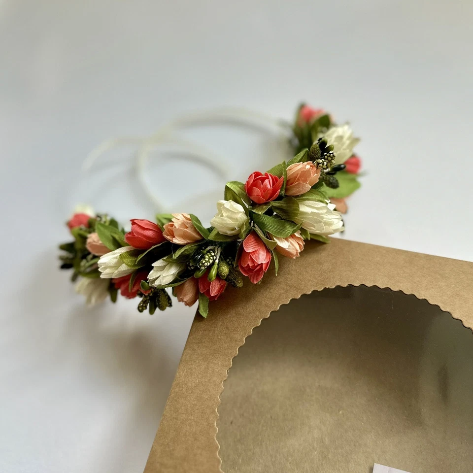 Envoltura de moño de flor de coral flor de melocotón niña envoltura de cabello media corona de ballet Foto 2 de 4