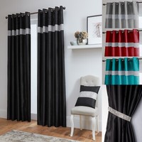 Diamante Curtains Pair Of Lined Faux Silk Ready Made Eyelet - Black Silver White
