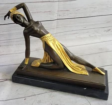 Chiparus Art Deco Semi Nude Dancer Girl in Gold Skirt Bronze Sculpture Statue