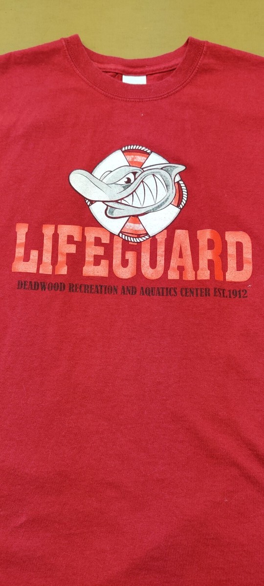 Shark! Staff T Shirt Deadwood Recreation And Aquatic Center Shark Red Fun View 2