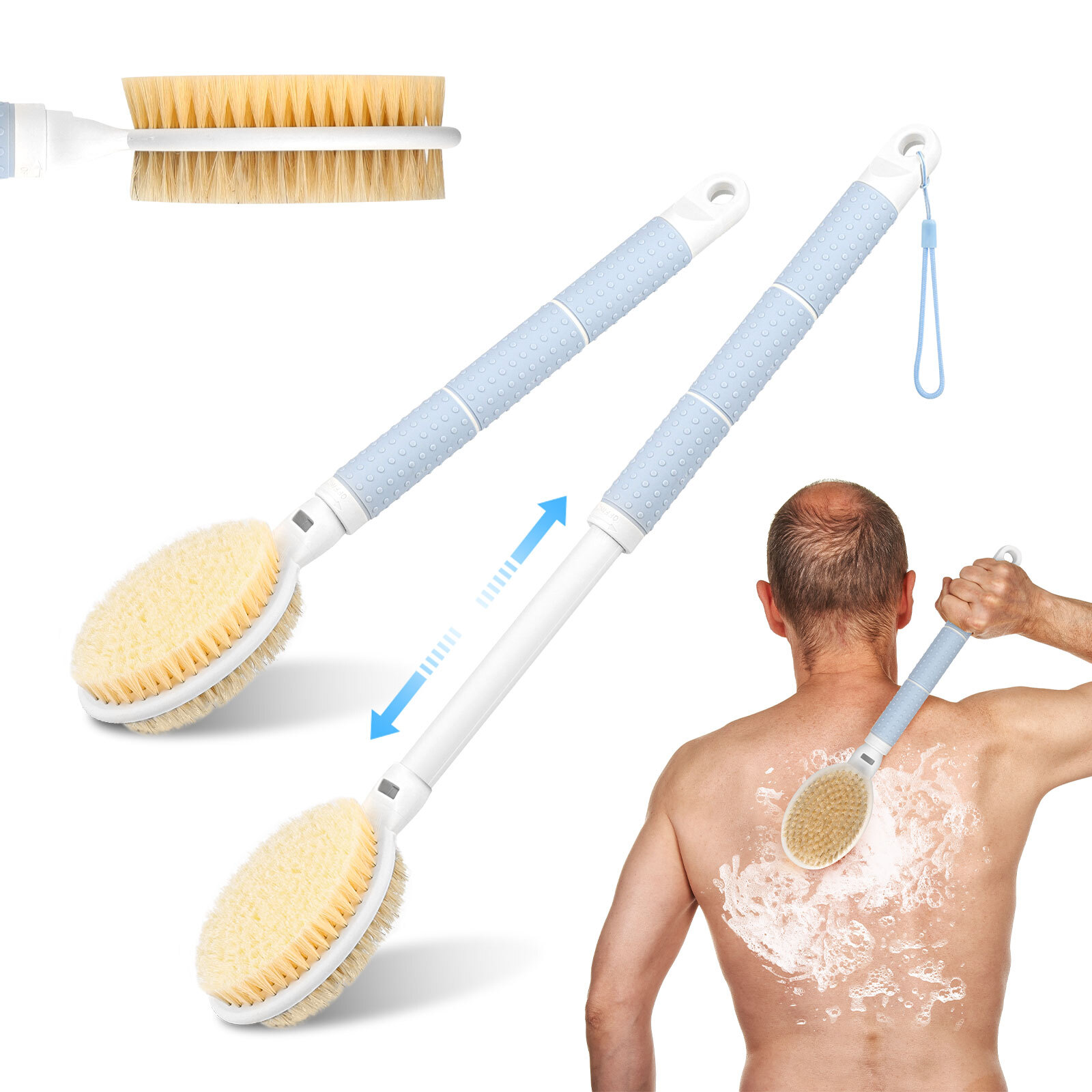 Adjustable Dual-Sided Back Scrubber with Telescopic Handle Soft & Stiff Bristles