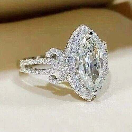 2Ct Marquise Lab-Created Diamond Halo Engagement Ring 14K White Gold Plated