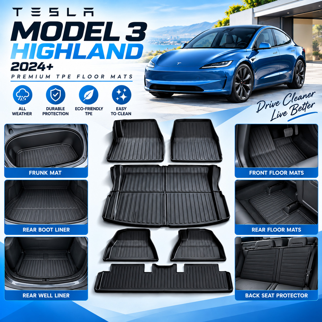 Tesla Model 3 Highland 2023+ Boot Liner Frunk Rear Well Cargo Kick floor Mats