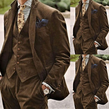 Corduroy Men's Suits 3Pcs Winter Warm Brown Casual Vintage Coat Business Jacket