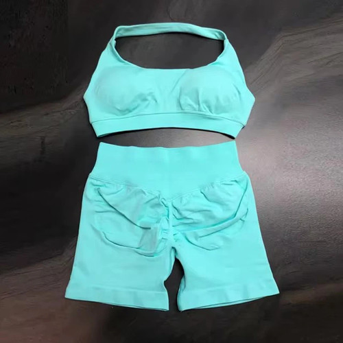 Impact Shorts Set 2 Pieces Seamless Yoga Set Workout Tracksuit Women Halter Spor - Picture 20 of 27
