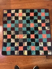 Handmade 9 Patch Quilt Block Lap Throw Assorted Textures Fabric UNIQUE BOHO