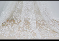 White Floral Embroidered Lace Mesh Fabric, Sequined Synthetic