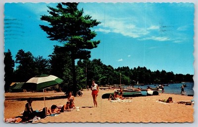 ME, Sebago Lake State Park, Bathing Beach, Sunbathers, Vintage Postcard