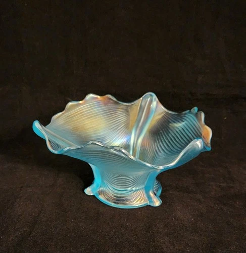 Antique Northwood Ribbed Drapery Ice Blue Carnival Glass Candy Nut Dish