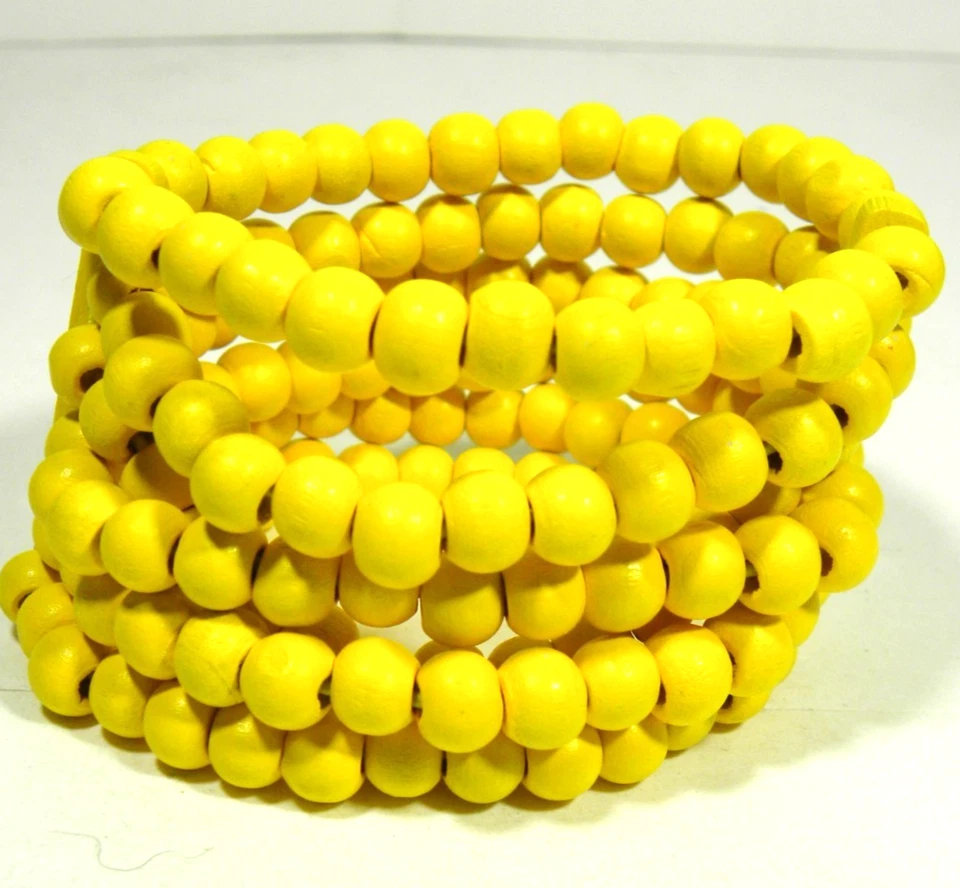 Pulsera elástica con cuentas amarillas madera apilada cuentas redondas 6 filas boho ancho Foto 3 de 4