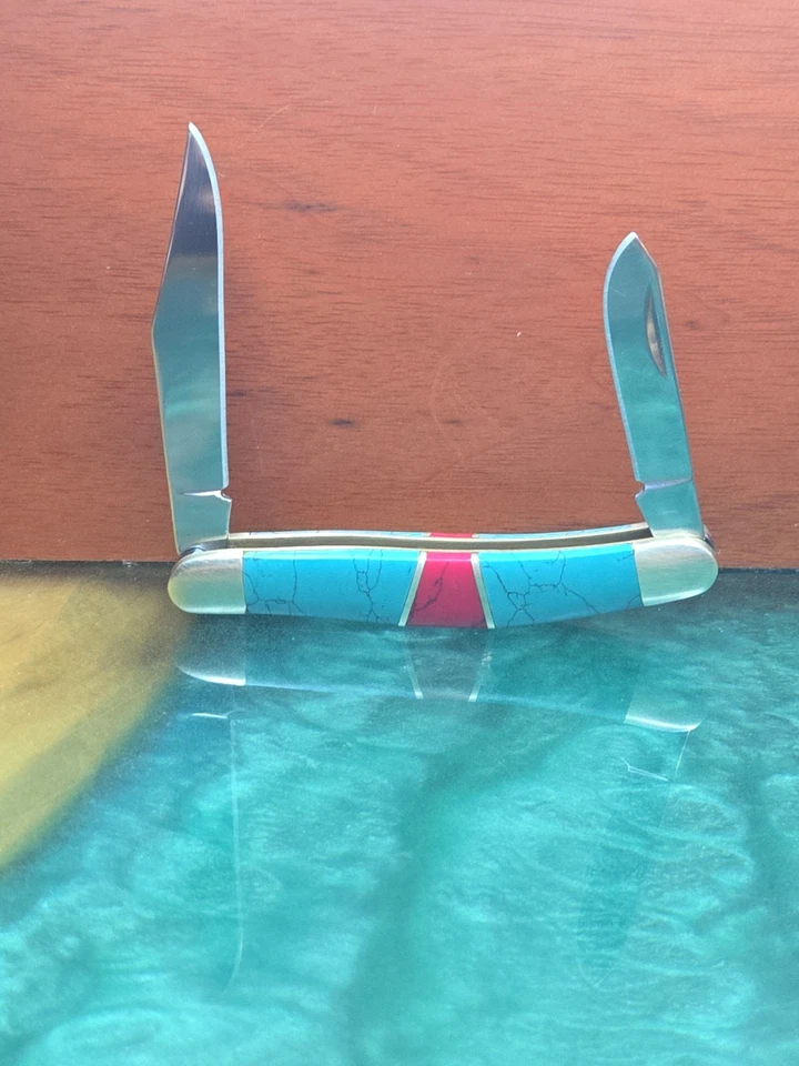 Southwestern Style Pocket Knife – Turquoise & Coral Stone Inlay Handle – 3.5”  - Image 2 of 4