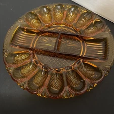Vintage L.E. Smith Deviled Egg Relish Platter Plate Tray Amber Heritage 11"