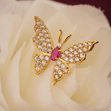 Rubin & Pflastern Diamant Schmetterling Brosche 14K Weiß Gold 925 Silber