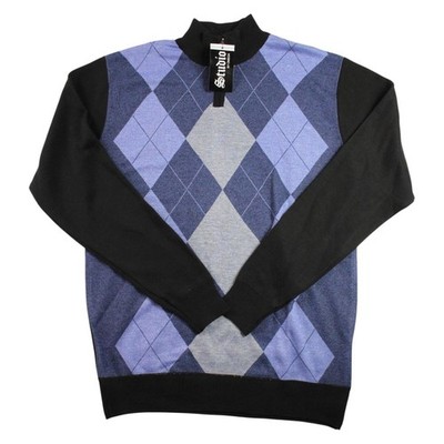 Studio By Omega 1/4 Zip Sweater Mens M Blue Black Argyle Mock Neck Pullover $60