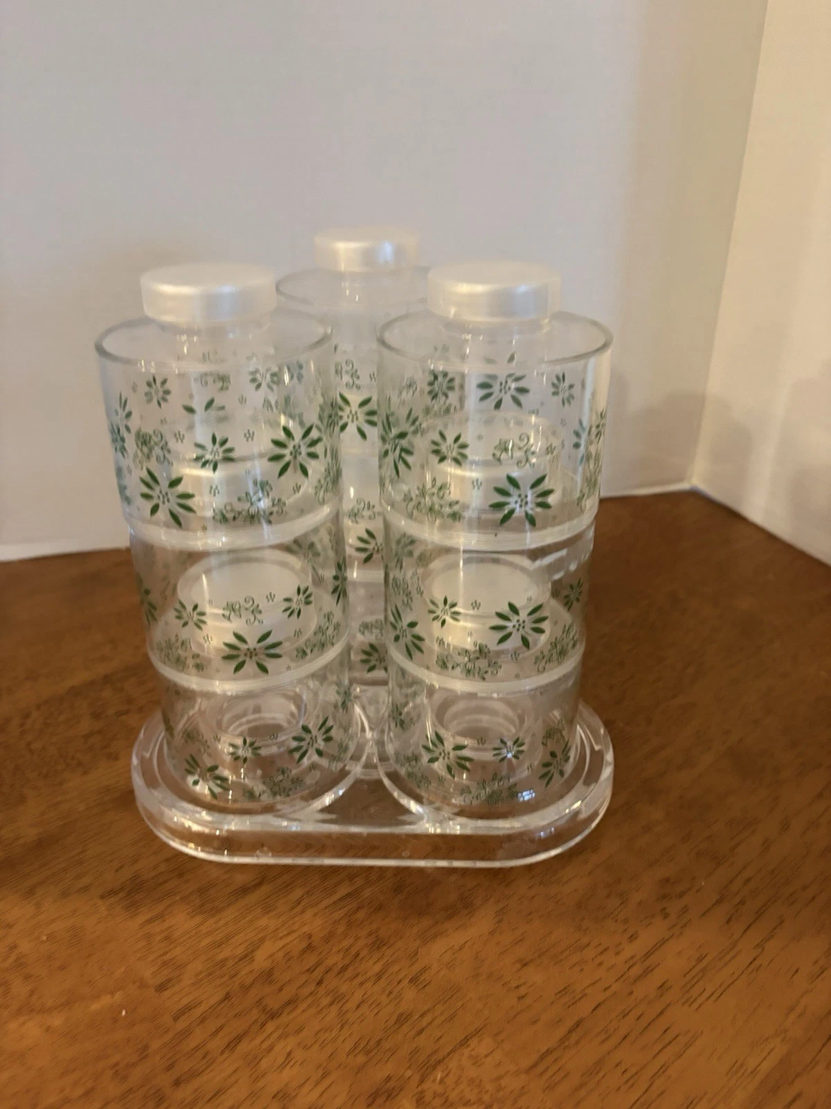 Retro /Rotating /Spice Rack/9/Glass Jars /Green Floral Starburst Pattern/mint/