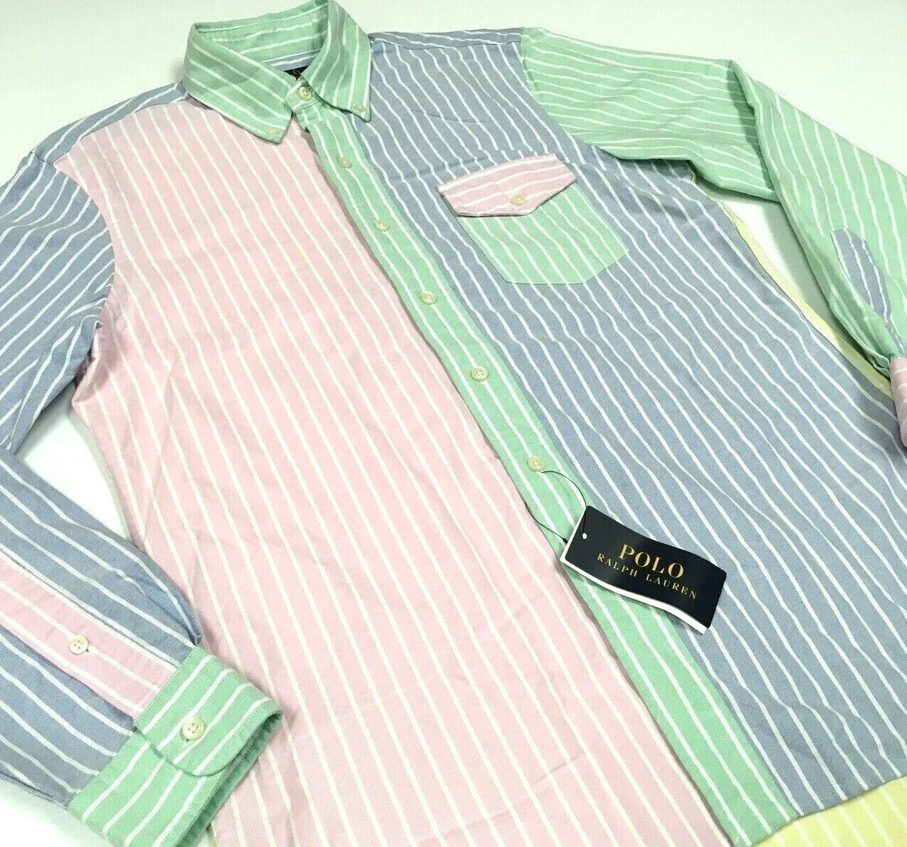 Polo Ralph Lauren Patchwork Colorblocked Striped Oxford Fun Shirt Gentleman Men