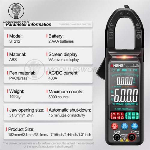 ANENG ST212 Digital Clamp Multimeter VA NCV Ohm DC AC Voltage Ammeter Tester USA - Picture 6 of 19