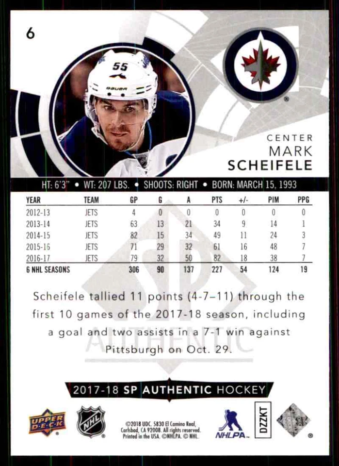 2017-18 Upper Deck SP Authentic Mark Scheifele #6 - Image 2 of 2