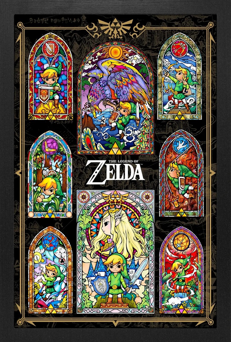 LEZEND OF ZELDA STAINED GLASS COLLAGE 13x19 FRAMED GELCOAT POSTER