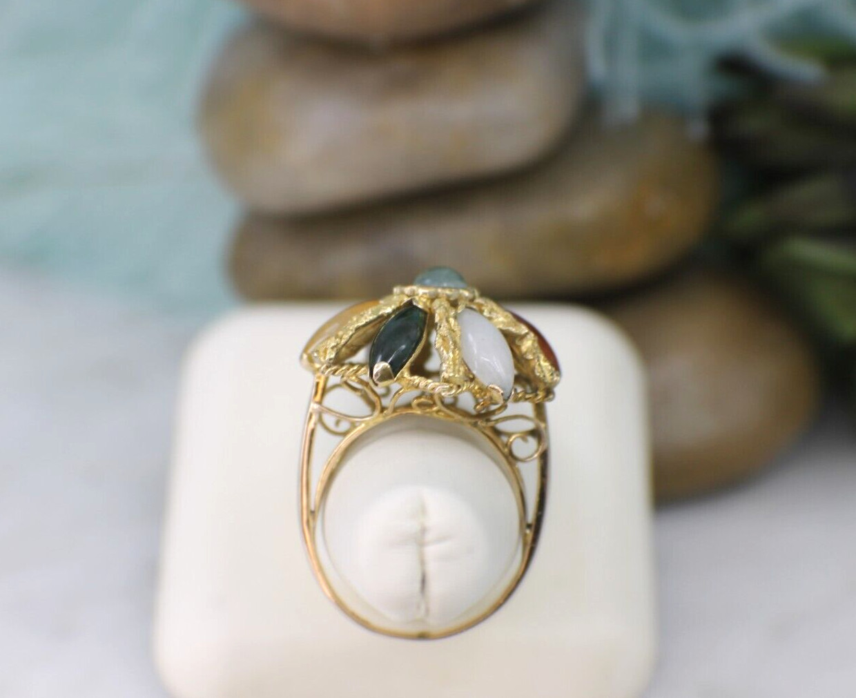 Solid 14K Yellow Multi Colored Jade Ring Estate M… - image 2