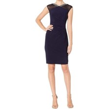 Lauren Ralph Lauren Dress Size 2 Matte Jersey Viviennette Navy Blue Beaded Sheat