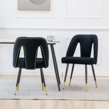 Set of 2 Modern Velvet Upholstered Dining Chair w/Nailheads & Metal Legs-Black