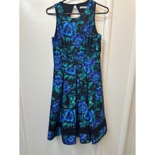 Eliza J Blue Teal Floral Cutout Back Fit Flare Dress Womens 6 Mesh Hem Ribbed