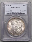 BU GEM 1921-d Silver MORGAN Dollar.  PCGS MS65.  Toning.  #104 m