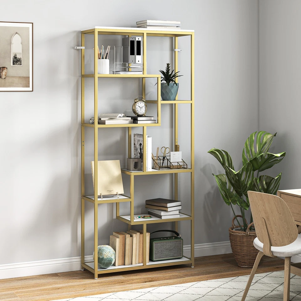 HOMCOM Modern Bookcase 7-Tier Bookshelf Shelving Unit White Gold Tone - Image 2 of 4