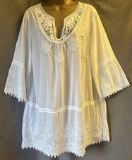 M&S Indigo White Cotton Broderie Anglaise Embroidered Sze 14 Tunic Long Boho Top