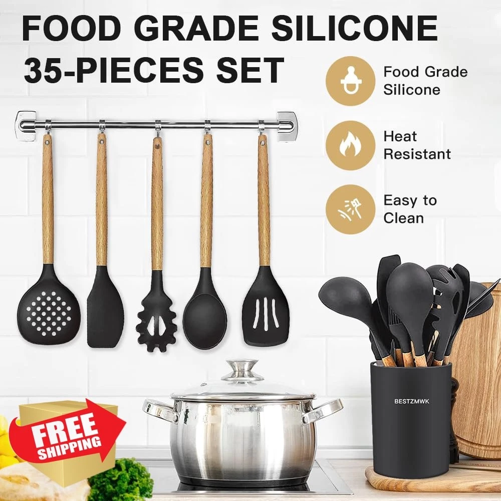 35pc Silicone and Wood Kitchen Utensils Set