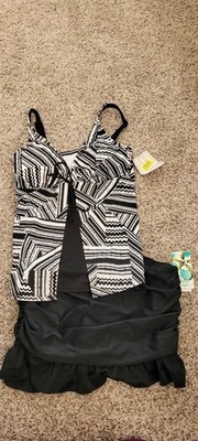 New Island Escape swimsuit tankini, ruffle side bottoms 2 piece black white