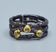Designer Oxidized Sterling Silver Trilogy Ring with Natural Diamonds Size P 7.5g