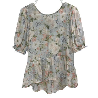 Mine Floral Puff Sleeve Peplum Blouse Women s Sz L Soft Cottagecore Coquette Top