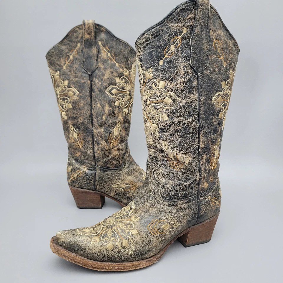 Corral Circle G Women's Black Crackle/Bone Embroidery Snip Toe Leather Boots 9M - Image 2 of 4