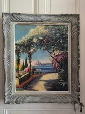 Marine René Bondenet (Xxem) Oil On Canvas "Seaside Terrace" Beautiful Frame