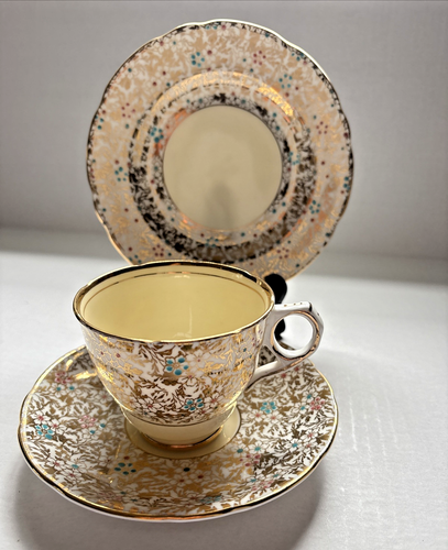 Royal Stafford Bone China #1201 Gold White Blue Floral Cup, Saucer & Cake Plate