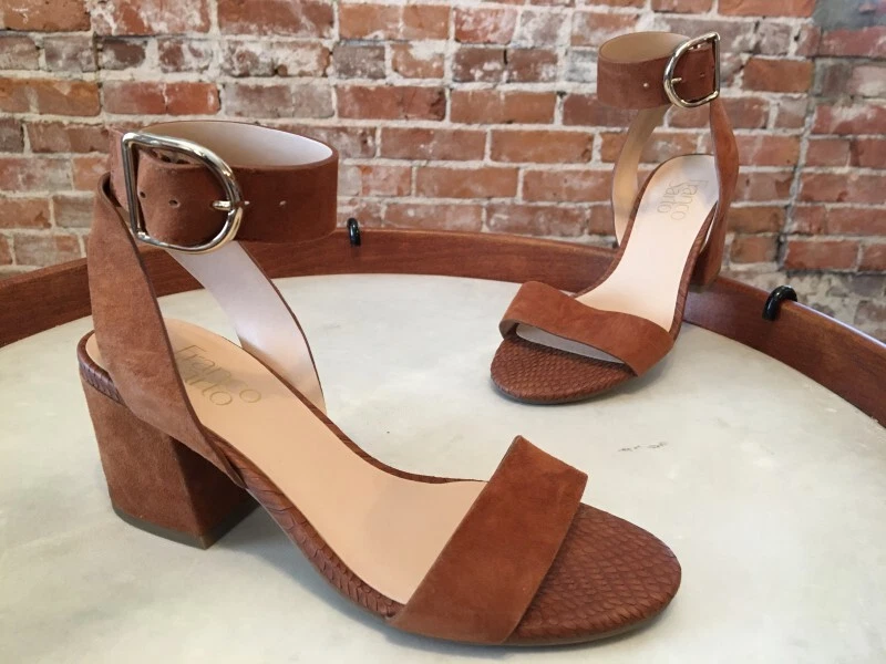 Franco Sarto Whiskey Brown Suede Marcy Ankle Strap Block Heel Sandal 6 NEW