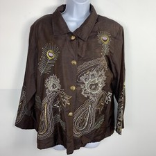 VINTAGE Indigo Moon Womens Blazer Sz L Brown Button Front Feather Embroidery NEW