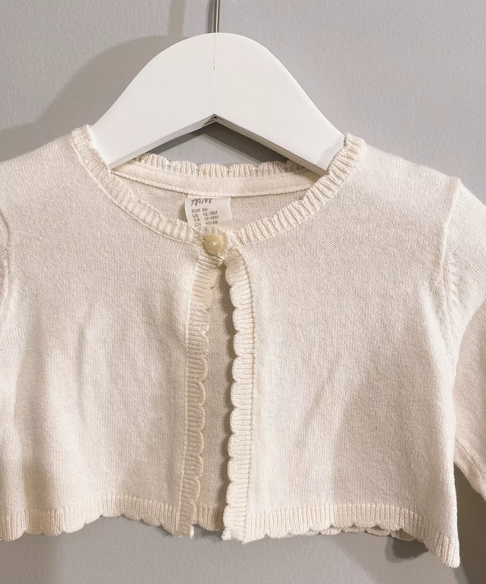 H M Girls Size 12 18 Months Ivory Cream White Scallop Trim Crop Bolero Cardigan