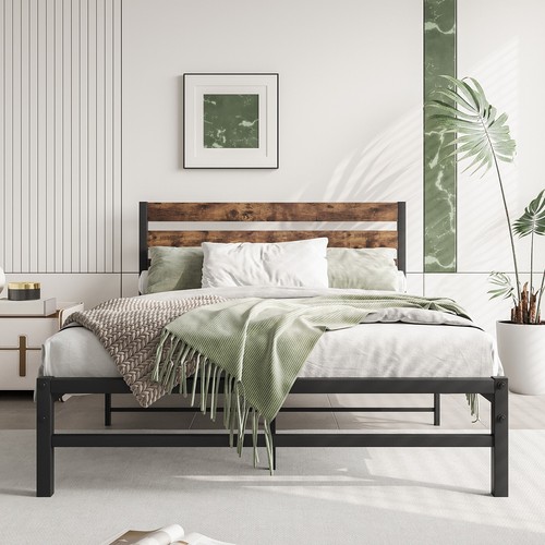Bed Frame Full Size Metal Platform with Wooden Rustic Brown Headboard Footboard - Picture 2 of 9